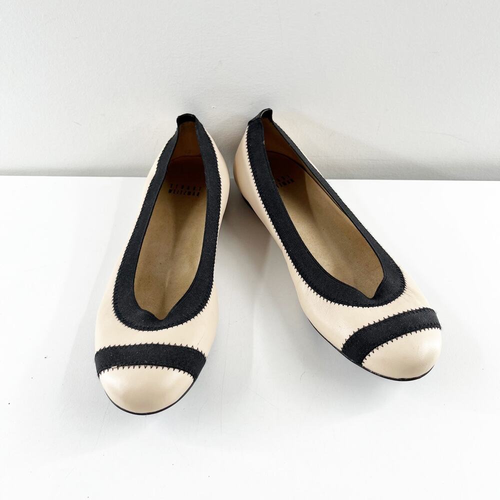 Stuart Weitzman Cream and Black Leather Round-Toe Ballet Flats